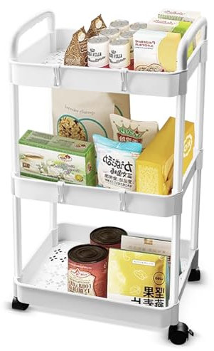 Baxcdyswe Chariot à 3 Niveaux Desserte à roulettes, Blanc Plastique Rangement Chariot de Service avec 4 Crochets pour Cuisine, Salle Bain, Bureau, 38 × 25 × 76 cm Desserte Rangement Multifonctionnel