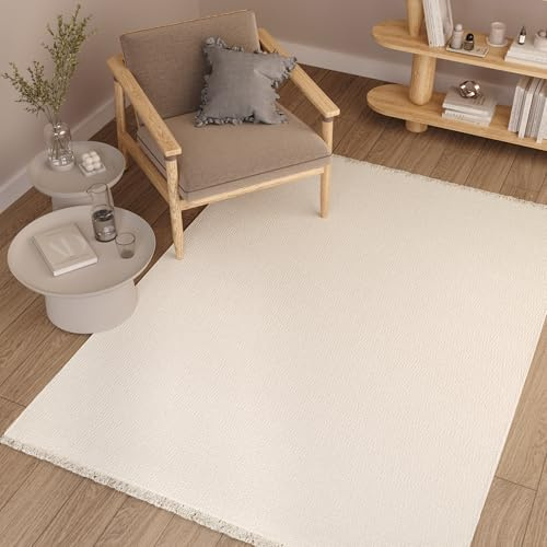TAPISO Agra Teppich Creme Einfarbig Schlingen Teppich mit Fransen Modern Boho Design Weich Loop Optik Wohnzimmer Schlafzimmer ÖKO-TEX 200 x 300 cm