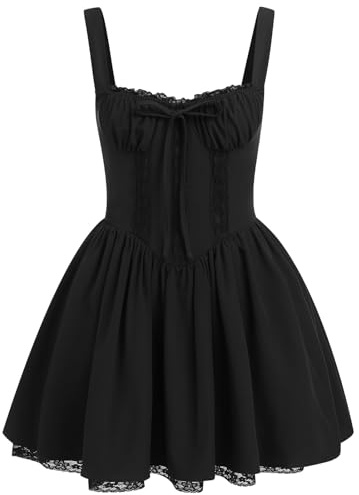 OBEEII Women's Corset Mini Dress Square Neck Spaghetti Strap Summer Floral Sundress Floral Print Lace Up Fitted Dress Black XL