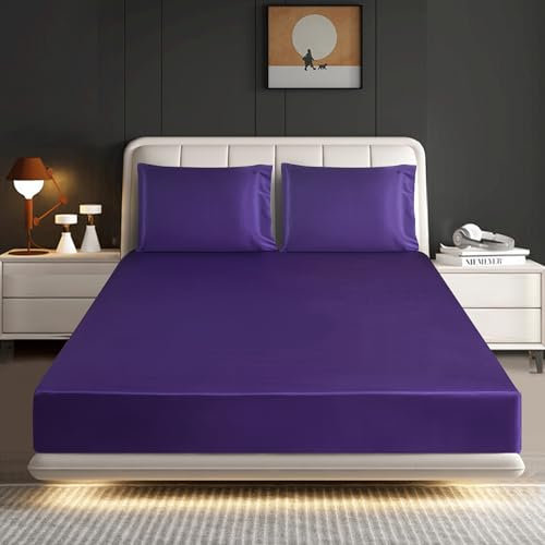 ROOEE Satin-Spannbetttuch mit Kissenbezug-Set, atmungsaktiv, weich, gebürsteter Stoff, knitter-, schrumpffrei und lichtbeständig, Aubergine, Einzelbett