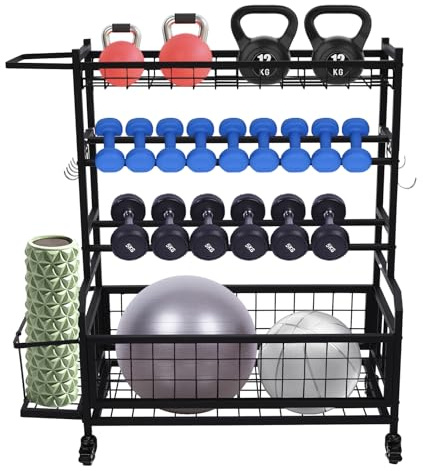 Hantelställ, hantelställ, yogamatta, hylla, multifunktionell sportutrustning, stående hylla med hjul och krokar, hem och gym organisatör för hantlar, fasciarull, kettlebell, yogablock