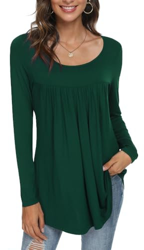 CATHY Womens Long Sleeve Tunic Tops Casual Ruffle T-Shirts Loose Comfy Blouses for Leggings, M, Dark Green