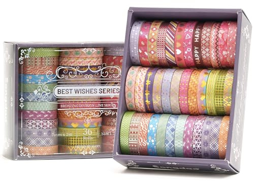 Songdao Maigre Washi Tape Set Masking Tape 36 rouleaux Ruban adhesif decoratif pour Scrapbooking Artisanat de Bricolage (Kawaii)
