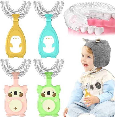 LYNJOVU 4 Pezzi Spazzolino da Denti a Forma di U, Spazzolino da Denti a Forma di U per Bambini, Pulizia dei Denti per l'igiene Orale a 360° (Blu + Giallo + Rosa + Verde, 2-6 Anni)