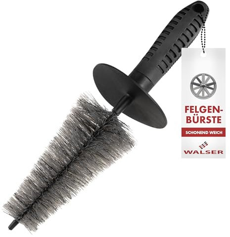 Walser Premium Felgenbürste mit Borsten, Felgenreiniger mit ergonomischem Griff + Spritzschutz für Kratz-/streifenfreie Reinigung, konische Felgenbürste Auto 32 cm, Auto Reinigungsset Bürste/Schwamm