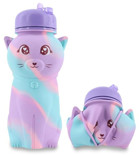 Cat Shaped Water Bottle for Girls - BPA Free Soft Silicone,Rainbow Water Bottle - Cat Shaped Outdoor Sports Cup Sports Collapsible Silicone Girls Water Bottles for School 500ml