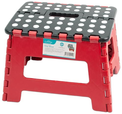 Red Folding Step Stool – 9 Inch (22cm) Non-Slip Foldable Footstool with Carry Handle – Compact & Portable Step – 120kg Load – Kitchen, Home & DIY