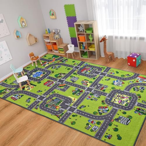 Flagover Kids Rug for Playroom Classroom, 3x5 Non Slip Kids Car Road Traffic Playmat for Toy Cars, Educational Machine Washable Town City Map Carpet for Boys Bedroom Nursery