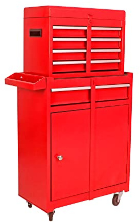 FammyLoft Werkzeugwagen mit Rädern, Rolling Werkzeugkoffer mit Schubladen, Metall Werkzeugkiste für Garage, Workshop, Warehouse, Werkzeugtrolley mit Verstellbare Regale und Abnehmbare Oberen, Rot