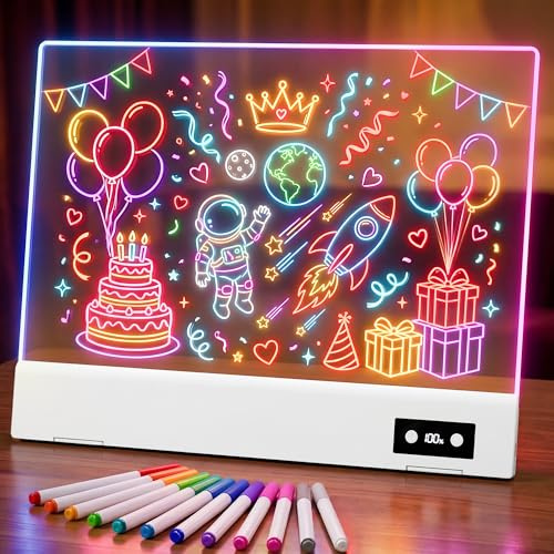 FLETUTE 16 LED Drawing Board, Rechargeable Acrylic Dry Erase Glow Board | 12 Modes Light Up Drawing Board for Kids, Dimmable Note Board with 12 Markers for Home & Office