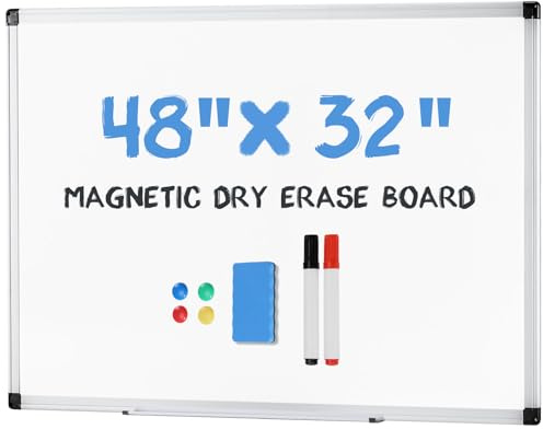 DUMOS Magnetic White Board Kit for Wall 48 x 32, Dry Erase Board with 1 Dry Eraser & 2 Multicolor Markers & 4 Magnetic Pins, Silver Reinforced Aluminum Frame for Home, School, Office