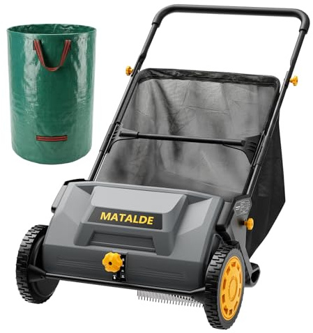 Matalde Spazzatrice per prato a spinta da 53,3 cm, con sacco a tramoggia da 103 l, sacco per foglie da 200 l, 4 spazzole rotanti regolabili in altezza, pulizia rapida per foglie ed erba, grigio
