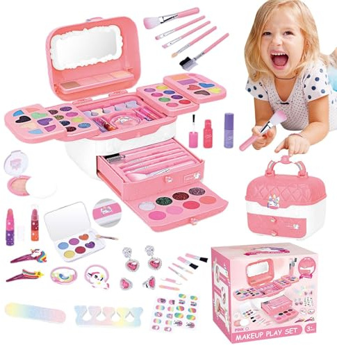Maquillaje de, Maquillaje de juego para niñas | Juguetes cosméticos reales lavables para niñas | Juego de maquillaje para niños con espejos para cumpleaños, Navidad, juego de maquillaje de
