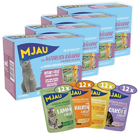 Mjau 48x85g kött i gelé med oxkött, kyckling, kalkon & lamm – 4× Multipack våtfoder för katter i storpack. Recept utan spannmål, utan tillsatt socker och i praktiska portionspåsar.