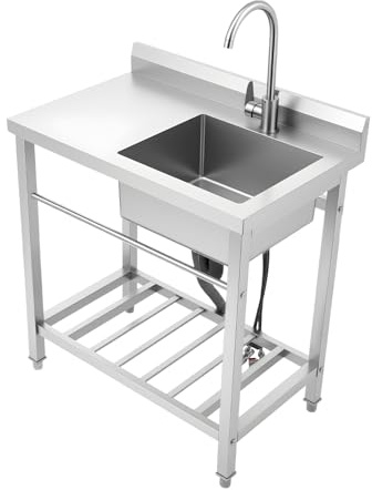 Lavello da cucina autoportante, in acciaio inox, 80 x 55 x 84 cm, portata 100 kg, con tubo di scarico, rubinetto per ristorante, garage o lavanderia