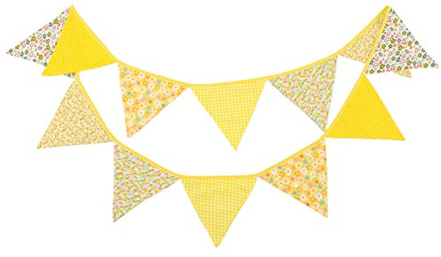 G2PLUS Double Sided Fabric Bunting Banner, Two Layer Triangle Floral Bunting, 3.3M with 12PCS Yellow Floral Pennants, Cotton Shabby Chic Garland for Bedroom Easter Tea Party Decorations