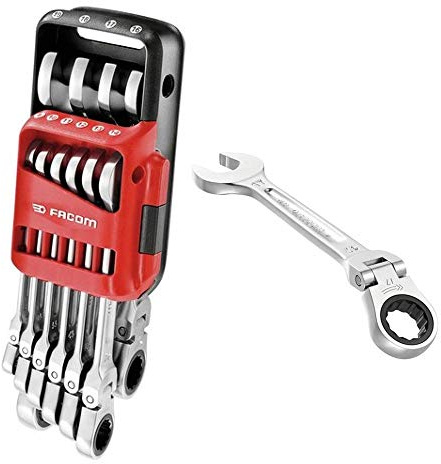 Facom 467BF.JP10 Combination Spanner Set with Articulated Ratchet Metric in Carry Case - Silver (10 Pieces)