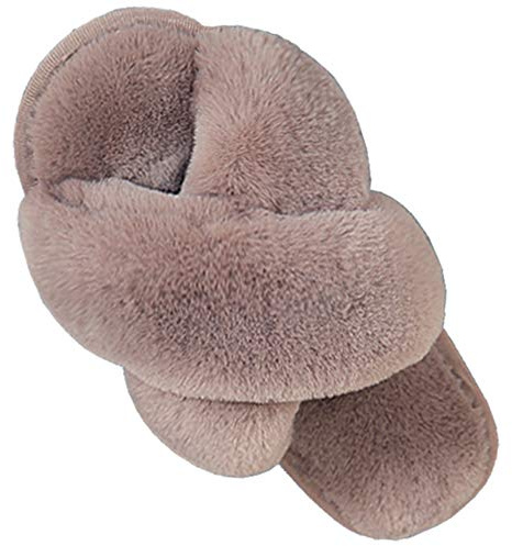 LZLER Women Fuzzy Fluffy Furry Slippers Fur Flip Flop Open Toe Slippers Cross Band Shoes Slides for Ladies House Home Indoor Outdoor(Coffee,7)