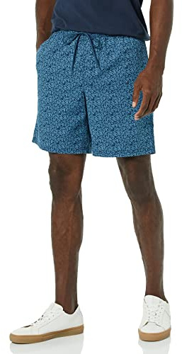 Amazon Essentials Men's Relaxed Fit 8 (20cm) Cotton Elasticated Waist Pull On Drawstring Walk Shorts, Navy Palm Leaf Print, XL