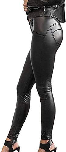 Minetom Damen Sexy Hohe Taille Skinny Kunstleder Leggings PU Leder Hose Lederhosen Leggins Strumpfhosen Treggings C Schwarz M
