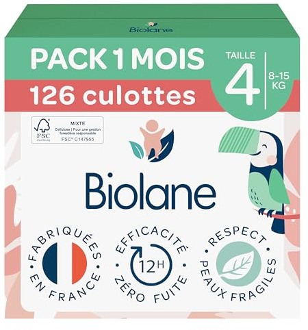 BIOLANE – Pañales – Talla 4 (8-15 kg) – Cero fugas durante 12 h – Pack 1 mes – 126 capas para pantalones – Eco-responsable – Fabricado en Francia