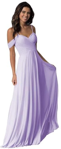 HYEC7 Women's Long Off Shoulder Chiffon Bridesmaid Dresses A Line Pleated Formal Evening Party Gowns with Pockets Lilac