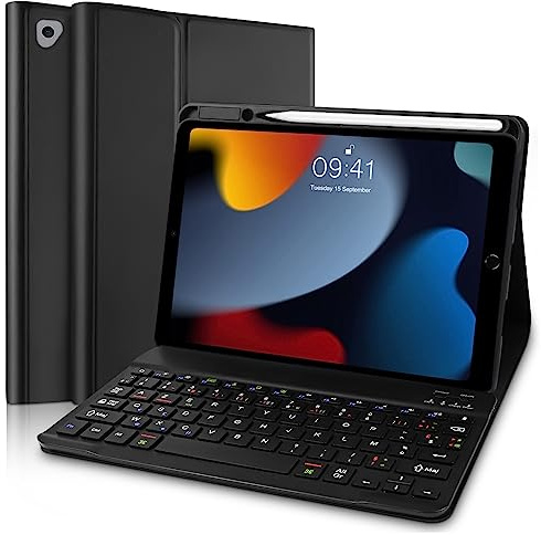 Yeegnar Clavier iPad 9 ème Generation, Coque Clavier Compatible avec iPad 9/8/ 7 ème Génération (Modèle: A2602, A2604), AZERTY (Disposition Française) (iPencil Non Inclus), Noir