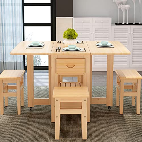 Drop-Leaf-Tisch, klappbarer Esstisch, Holz-Küchentisch und 4 Stühle-Set, platzsparender Erweiterungstisch mit 2-lagigem Ablagefach und Rollen, für Küche/Wohnzimmer/Schlafzimmer