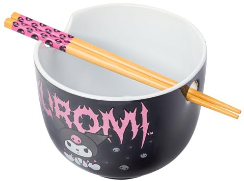 Silver Buffalo Sanrio Hello Kitty and Friends Kuromi Ceramic Ramen Noodle Rice Bowl with Chopsticks, Microwave Safe, 20 Ounces