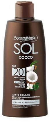 Bottega Verde - Latte Solare SOL Cocco SPF 20, 200 ml, con Latte di Cocco, Estratto di Carota e Papaya, Protegge e Intensifica l’Abbronzatura, Texture Ultra Fluida, Water Resistant