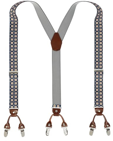 PAPA LEGGENDA Suspenders for Men with Strong Clips, 1.4 Inches Wide Heavy Duty Men's Suspenders Adjustable Y-Back for Work Jeans, Flower white dot