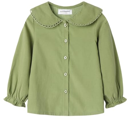 Mud Kingdom Camicia da ragazza in velluto a coste con colletto alla Peter Pan, abbottonatura per uniforme scolastica, polsino con volant, Verde, 5 anni