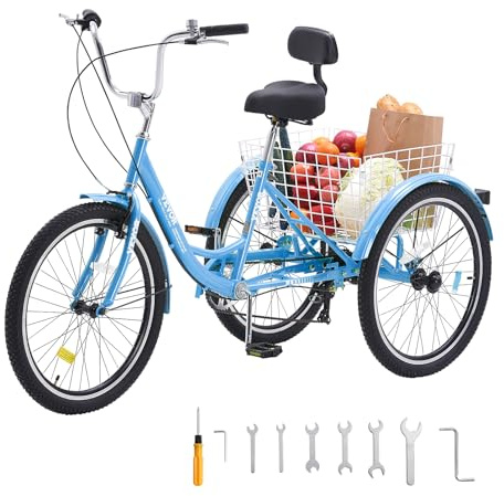 VEVOR Adult Tricycles Bike, 7 Speed Adult Trikes, 20 Inch Three-Wheeled Bicycles, Carbon Steel Cruiser Bike with Basket and Adjustable Seat, Picnic Shopping Tricycles for Seniors, Women, Men (Blue)