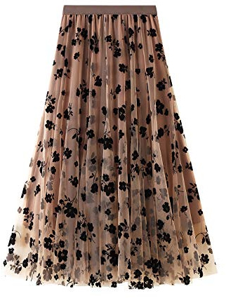 Women Floral Print Mesh Midi Skirt Flowy High Waist Tulle Tutu Skirt Layered Fairy A-Line Long Skirt (A-Khaki, S)