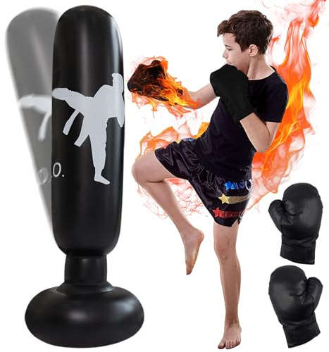 PRITOK Sacco da boxe in piedi per bambini: 160 cm, gonfiabile, con guantoni da boxe, per bambini e adulti, per praticare karate, taekwondo