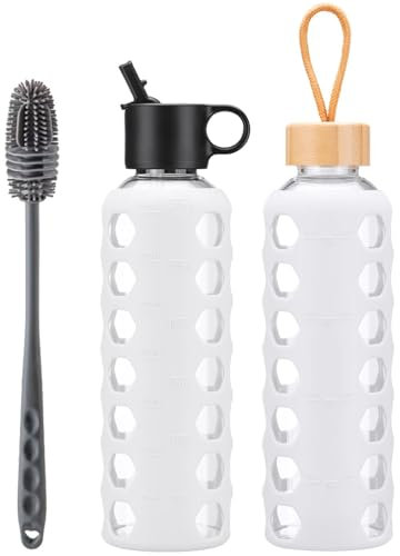 BLUEGO Glass Water Bottle, 700ml Borosilicate Drinking Bottle with 2 Lids-Handle Flip Straw Lid&Bamboo Lid, Motivational Water Bottle with Time Marker and Silicone Sleeve, Leakproof, White