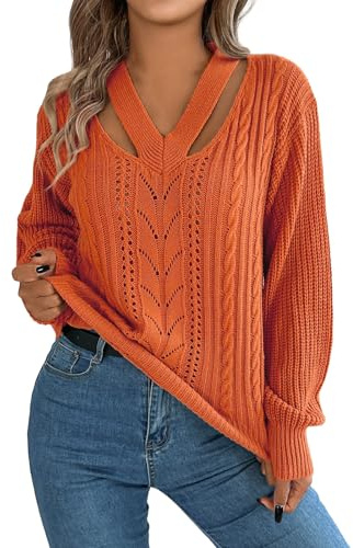 pull femme chic et elegant col v pull grosse maille hiver chaud large pull crochet tricot torsade à la mode chandail manche longue thermal pull fin col en v fantaisie ideal pullover (Orange, L)