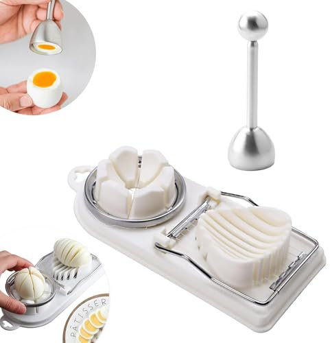 2 en 1 Coupe oeuf à la coque Professionnel, Toqueur à oeuf, Oeuf Trancheuse Cutter, Egg Cutter Slicer Tranches en Métal, Ouvre Oeuf Coque, Coupe oeuf Coque (Blanc)