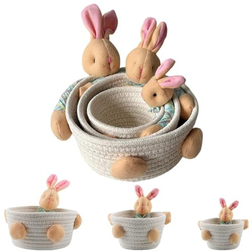 SilverChry 3Pcs Cesto di Pasqua, Cestino per Uova di Pasqua, Cestino Coniglietto Pasquale, Cestino Pasquale per Bambini, Cestino Intrecciato Coniglietto Pasquale, Regali di Pasqua Cestino (Bianco)