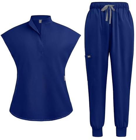 Meichoon Set camice donna Top diviso con manica corta e collo in piedi Pantaloni yoga affusolati con 2 tasche laterali Morbidi e resistenti alle rughe DK55Blu scuro XL