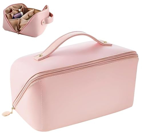Kosmetiktasche mit großer Kapazität, tragbare Reise-Make-up-Tasche, Make-up-Organizer, wasserdichte PU-Leder-Waschtasche mit Griff und Fächern (Rosa)