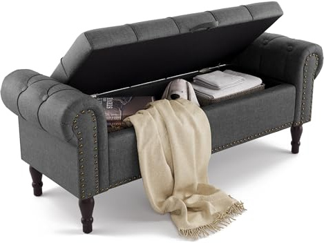 LUE BONA 130cm Banco de Almacenamiento,Banco Descalzadora Almacenaje Otomana Lino con Tapa de Bisagras, Patas Madera y Reposabrazos Enrollados,130 X 43 X 50 cm,Gris Marengo