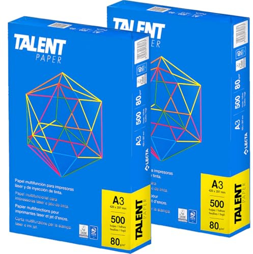 Talent Paper Carta A3 Premium 80gr - Confezione da 2 risme da 500 Fogli l'una per un totale di 1,000 Fogli A3 - ideale per tutte le Stampanti e Fotocopiatrici da ufficio e casa - bianca