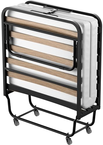 DEWINNER Cama Plegable 90x190 | Cama para 1 Persona con Colchón de 10 cm | Somier Individual de Listones de Madera de 90 x 190 | Camas Ahorra Espacio con Ruedas | Cama con Colchon Plegable