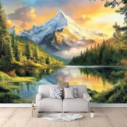 Carta Da Parati Effetto 3D Foresta Del Lago Di Montagna Innevata 300x256 cm Fotomurali Non Tessuto,Paesaggio Naturale Decorazione Poster Arte Murale Moderna per Casa Ufficio Camera Da Letto Soggiorno