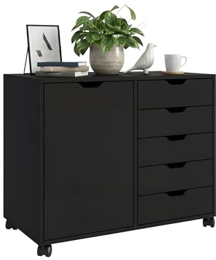 Contenedor móvil Relaxdays, 5 cajones y 2 Compartimentos, H x A x F: 65 x 78 x 40 cm, Armario de Oficina, Negro