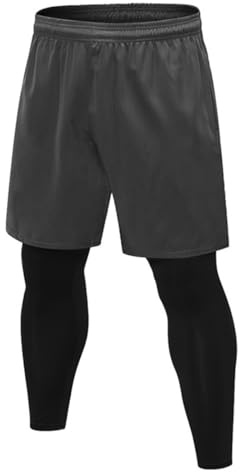 Rainjia Pantalon de compression 2 en 1 pour homme - Short fonctionnel - Collants de course avec short - Pantalon de survêtement - Pantalon de sport - Séchage rapide - Long cale?on court, gris, S