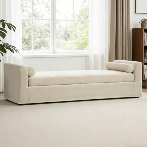 Chifee & Vingol 88.6 W Oversized Chaise Lounge Upholstered Bedroom Benches Extra-Long Indoor Bench Entryway Bench with Removable Pillows for Living Room Hallway,Beige
