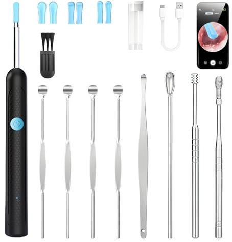 Otoscopio Limpiador Oidos,3,5mm WiFi Endoscopio de Oídocon Cámara HD 1080P y Luz LED, limpiador de oidos cera, Limpieza de Oídos con 6 Puntas de Silicona suave y Kit Completo de 7 Piezas