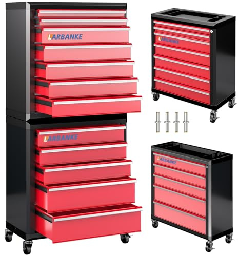 LARBANKE Cassettiera portautensili a 12 cassetti, con sistema di bloccaggio, piano multifunzione e due unità con 4 ruote girevoli. Include bielle per uso combinato o separato.